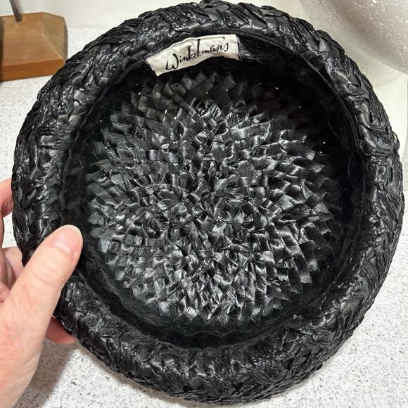 Vintage black straw pillbox hat by Winkelman’s velvet hatband upturned brim main image 8